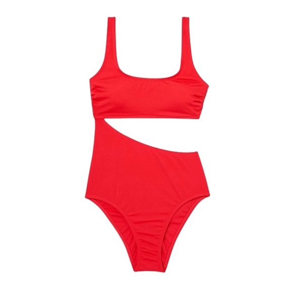 Kona Sol Textured Ribbed Side Cut Out Medium Coverage One Piece Swimsuit Red XL - Picture 5 of 5